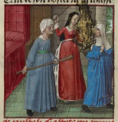 Harley 4425 fol.81v Miniatűr Beaute (szépség) és Laideur (csúnyaság) Chastete (Chastity) harcában a Roman de la Rose-ból, 1490-1500 körül (vellum)