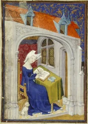 Harley MS 4431 f.004r Christine de Pizan miniatúrájának részlete a dolgozószobájában a „Cent balades” elején, 1410-1414 körül (tinta és szín pergamenen)