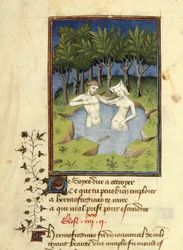 Harley MS 4431, f.132v, Hermaphroditus és a tóban fürdőző Salmacis nimfa miniatűrje, „L