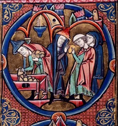 Harley Ms.1526 fol.27 Menelaosz átadja az adópénzt Antiochusnak, Szíria királyának, és a megvesztegetéssel biztosítja magának a főpapságot, 13. század vége (vellum)