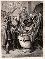II. Harold (1020-1066) utolsó angolszász király koronája 1064-ben, szent ereklyékre esküdt I. Hódító Vilmos előtt, hogy támogassa Anglia trónjánál, gyóntató Edward halálakor, 1064 körül (Harold esküt tett szent ereklyék (