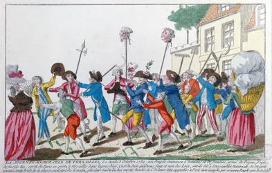 A párizsi csőcselék által 1789. október 5-én Versailles-ban meggyilkolt két királyi őr fejét diadalmenetben Párizsba szállítják.