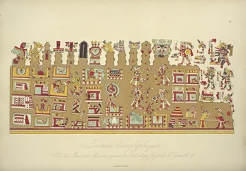 Hieroglif festmények a II. mexikói kéziratból, a Bécsi Császári Könyvtárban őrzik, illusztrációja Alexander von H Kordillerák látképéből és Amerika őslakos népeinek emlékműveiből