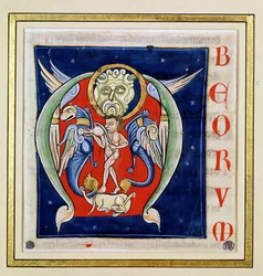 Történelmi kezdetű „M”, amely egy rebeket játszó férfit és fantasztikus állatokat ábrázol, Saint-Andre aux-Bois Bibliájából
