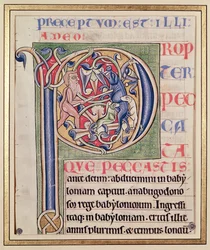 A vaddisznóvadászatot ábrázoló történelmi „P” kezdőbetű Saint-Andre aux-Bois Bibliájából