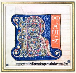 Történelmi kezdetű „R”, amely fantasztikus állatokkal összefonódó mintát ábrázol, Saint-Andre aux-Bois Bibliájából