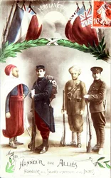 "Tisztelet a szövetségeseknek", francia hazafias képeslap az afrikai és indiai katonák tiszteletére, 1916 körül (színes litográfia)