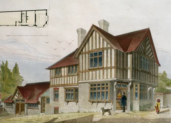 Egy kis boltos háza London környékén, illusztráció a Le Moniteur des architectesből, 1884, vésette Paul Louis Bury (XIX. század) (színes metszet)