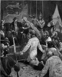 Százéves háború. A calais-i polgárok: Szent Péter Eustache és társai kegyelmüket kérik III. Edward angol királyhoz, akit Philippa hainaut-i királynő (1311-1369) támogat.