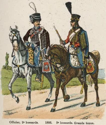 Huszárok 1. vendemiary An XII (1803. szeptember 24.): Tiszt, 2. huszár és 9. huszár nagyszerű ruhában 1806-ban. Lemez Lienhart és Humbert Les Uniforms de l