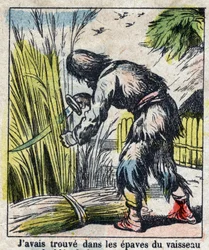 Illusztráció Daniel Defoe könyvéhez (De foe) „” Robinson Crusoe””. Epinális képalkotás a 19. század végéről.