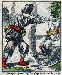 Illusztráció Daniel Defoe könyvéhez (De foe) „” Robinson Crusoe””. Epinális képalkotás a 19. század végéről.