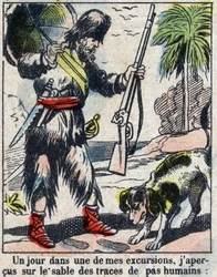 Illusztráció Daniel Defoe könyvéhez (De foe) „” Robinson Crusoe””. Epinális képalkotás a 19. század végéről.