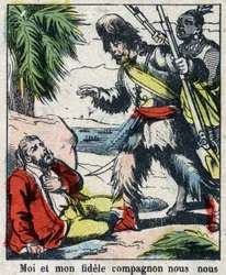 Illusztráció Daniel Defoe könyvéhez (De foe) „” Robinson Crusoe””. Epinális képalkotás a 19. század végéről.