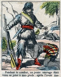 Illusztráció Daniel Defoe könyvéhez (De foe) „” Robinson Crusoe””. Epinális képalkotás a 19. század végéről.
