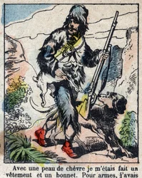 Illusztráció Daniel Defoe könyvéhez (De foe) „” Robinson Crusoe””. Epinális képalkotás a 19. század végéről.