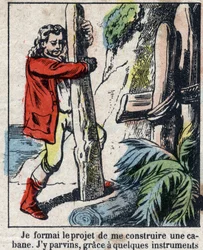 Illusztráció Daniel Defoe könyvéhez (De foe) „” Robinson Crusoe””. Epinális képalkotás a 19. század végéről.