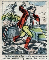 Illusztráció Daniel Defoe könyvéhez (De foe) „” Robinson Crusoe””. Epinális képalkotás a 19. század végéről.