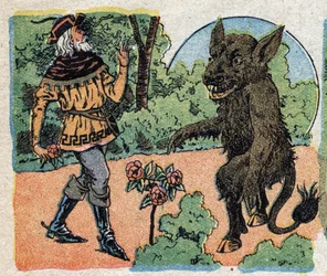 Illusztráció a „Szépség és a Béta” című meséhez: a kereskedő rózsát vág a Béta kertjében, hogy visszahozza lányának, Belle-nek. Quinn-képek metszete, 1890 körül.