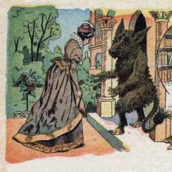 Illusztráció a „La Belle et la Bete” című meséhez: a szép megérkezik a Béta kastélyába. Quinn-képek metszete, 1890 körül.