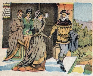 Illusztráció a „La Belle et la Bete” című meséhez: az útra induló kereskedő elbúcsúzott három lányától, és hazatérve ajándékot ígért nekik. Quinn-képek metszete, 1890 körül.