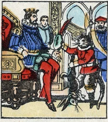 Illusztráció Charles Perrault „The Cat Botte” című meséjéről. Imaging Pellerin fametszete - Epinal, sd. 19. század vége.
