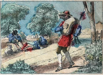 Jean de la Fontaine (1621-1695) meséjének illusztrációja: a farkasból pásztor lett. Epinális képalkotás a 19. század végén.