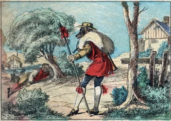 Jean de la Fontaine (1621-1695) meséjének illusztrációja: a farkasból pásztor lett. Epinális képalkotás a 19. század végén.