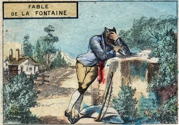 Jean de la Fontaine (1621-1695) meséjének illusztrációja: a farkasból pásztor lett. A 19. század végi epinális képalkotás.