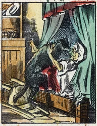 Illusztráció Charles Perrault „A Piroska” című meséjéhez. Fametszet az Imaging Pellerin-től - Epinal, sd. 19. század vége.