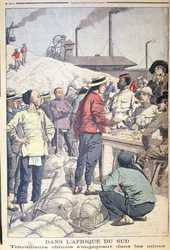 Kínai munkások importálása a dél-afrikai aranybányákba 1904-ben, illusztráció a Le Petit Journalból, 1904
