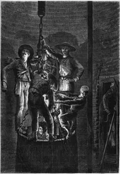 Szénbánya kút belső megjelenése: a szeméttároló felemelkedése. 1861. Metszet a „” Le Monde Illustré”” 238. számában, november 2.