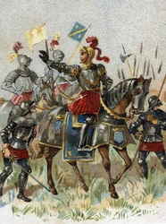 Olasz háborúk: XII. Lajos (1462-1515), francia király, az olaszországi agnadeli csatában (Milánó), 1509. május 14-én. Kromolitográfia.