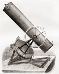 Jean Bernard Léon Foucault tükröt tükröző teleszkópja egy egyenlítői hegyen, egy 19. századi rajz után, a Les Merveilles de la Science-ből, 1870 körül megjelent (metszet)