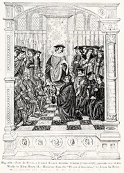 Jean le Feron (1504-70) bemutatja egyik művét II. Henrik királynak (1519-89) a Blason dArmoires-ból, Jean le Feron, illusztrációja a Tudomány és irodalom a középkorban és a reneszánsz írásból.