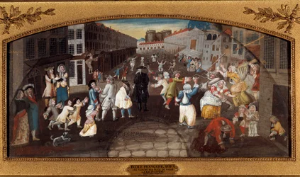 Viccek Párizs utcáiról: A Rue Saint-Antoine. - „” Les farces des rues de Paris: la rue du faubourg Saint Antoine a Paris”” Járókelők, felnőttek és gyerekek, szórakozás és harc. A háttérben a Bastille börtönt látjuk. Festészet (de