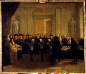 XIV. Lajos király (1638-1715) az államtanácsosok és a kérvénymester jelenlétében tartotta a pecsétet, miközben ő maga töltötte be Franciaország kancellári tisztét 1672 februárja és áprilisa között. Névtelen festmény. 17. századi V. 1,10 x 1,28 m