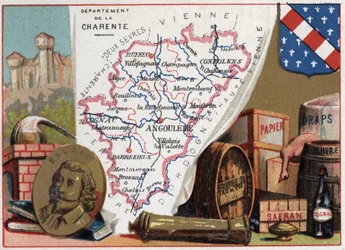 La Charente (16), Poitou-Charentes (Poitou Charentes), Franciaország. Honore de Balzac (1799-1850) francia író portréja. Helyi specialitás: pálinka, sáfrány, papír, lapok, olaj, pálinka. Sorozat a francia minisztériumokról. Kromolitográfia (Chromo) „” a ge