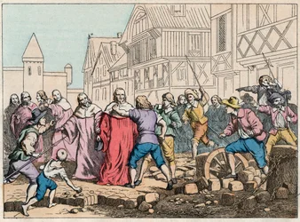 La Fronde (1648. augusztus 27.) - Barikádok Párizsban: egy rotorfiú a parlament elnökét, Mathieu Mole-t (1584-1656) fenyegeti - Mole elnököt felkelők bántalmazzák - 19. század végi metszet a „” Nos Gires Nationales-ban” Images et reci