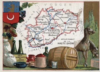 A Haute-Saone (Haute Saone, 70), Franche Comte (Franche-Comte), Franciaország. Liszt, Luxeuil Minerales, kirschwasser (kirsch). Sorozat a francia minisztériumokról. Kromolitográfia (Chromo) „” a földrajzi szál””, 1920 körül. Magángyűjtemény.