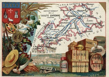 La Haute Garonne (Haute-Garonne, 31), Midi-Pyrenees (Midi Pyrenees), Franciaország. Helyi specialitások: ólom, narancsvirág, paszta, bőr és bőráruk, dohány, dióolaj, kátrány és szarvasgomba. Sorozat a francia minisztériumokról. Kromolitográfia (Chromo) „” 