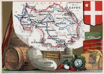 La Savoie (73), Rhone Alpes (Rhone-Alpes), Franciaország. Sorozat a francia minisztériumokról. Helyi specialitások: dióolaj, bor, gabonafélék, kirschwasser (kirsch), sajt, kamarás géz és bőr. Kromolitográfia (Chromo) „a földrajzi szál”, 1920 körül. P