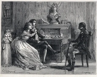La Terreur a francia forradalom idején: A bebörtönzött Camille Desmoulins (1760-1794) feleségét, Lucile-t (1770-1794) és a marechal Guillaume Brune-t (1763-1815) látogatta meg.