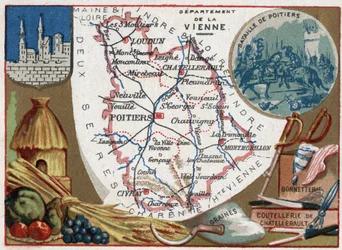 La Vienne (86), Poitou-Charentes (Poitou Charentes), Franciaország. Magvak, Chatellerault evőeszközök és harisnyaáruk. Sorozat a francia minisztériumokról. Kromolitográfia (Chromo) „” a földrajzi szál””, 1920 körül. Magángyűjtemény.