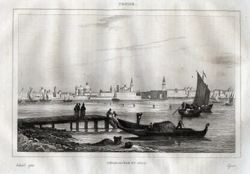 A velencei Lido leszállóhelye - Metszet a „festői Olaszországból”, M. de Norvins, Ch. Nodier 1834-1836.