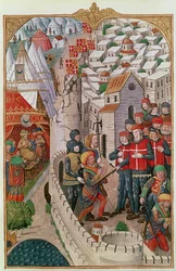Lat 6067 f.39 Annak a két töröknek a kivégzése, akik behatoltak Rodoszba és összeesküdtek a helyőrség parancsnokának megmérgezésére 1480-ban, Guillaume Caoursin Rodosz ostromának történetéből, 148