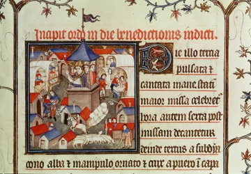 Lat 962 f.264 Miniatűr egy püspökről, aki megáldja az éves vásárt vagy piacot, amelyet júniusban két hétig tartanak St. Denis síkságán, egy pápa, 1301-1400