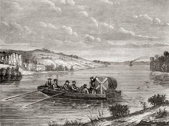 Távírókábel fektetése egy amerikai folyó alatt 1860 körül, a Les Merveilles de la Science-ből, megjelent 1870 körül (metszet)