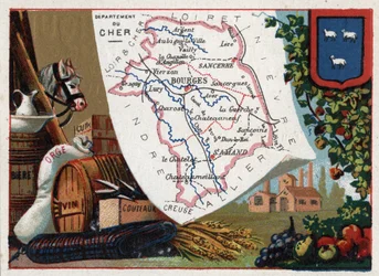 Le Cher (18), Centre, Franciaország. Sorozat a francia minisztériumokról. Sör, árpa, bőr, bor és kések. Kromolitográfia (Chromo) „” a földrajzi szál””, 1920 körül. Magángyűjtemény.