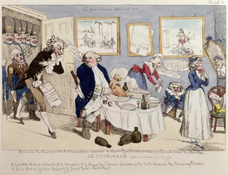 Le Gourmand, XVI. Lajos (1754-93) és a francia királyi család karikatúrája letartóztatásuk pillanatában Varennes-ben, 1791. június 21.